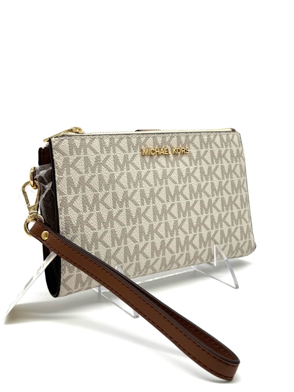 Michael Kors Large Double Zip Wallet Wristlet Vanilla/Brown